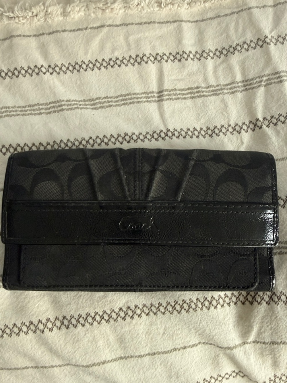 Coach Black Signature Continental Wallet with Patent Trim